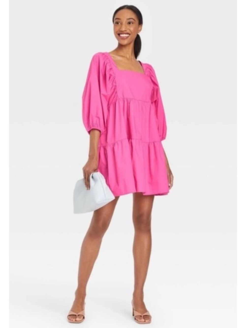 A New Day Hot Pink Cotton Poplin Puff Sleeve Babydoll Dress Medium Smocked